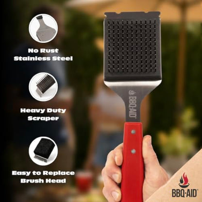 BBQ Grill Brush for Outdoor Grill Cleaner and Scraper, Replaceable Head | Barbecue grill cleaning brush with no-scratch stainless steel bristles and extended red handle, safe for any grill grate - color: Red