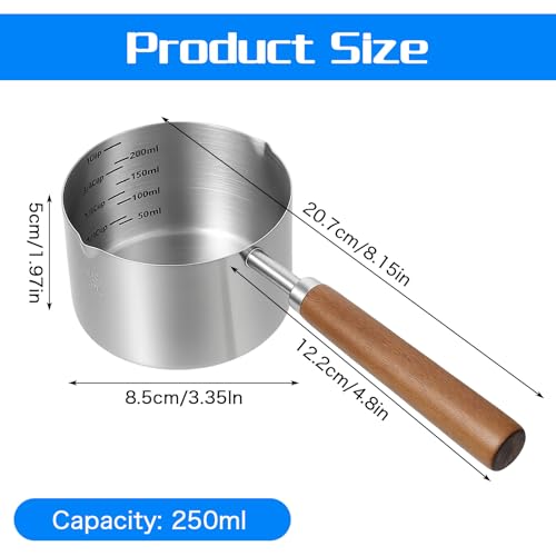 Telooco Cat Dog Food Scoop 1 Cup, 304 Stainless Steel Dog Food Measuring Cup with Measuring Lines (Cup/ML) & Long Wooden Handle, Dishwasher Safe