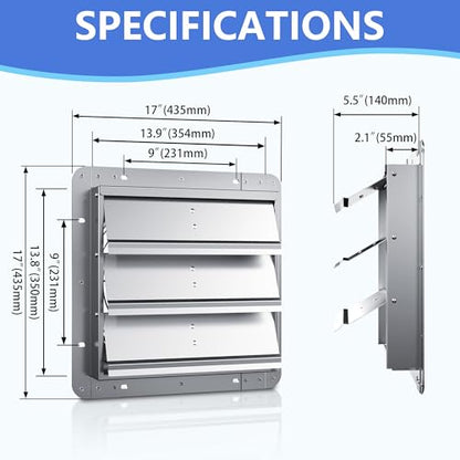 14 Inch Galvanized Shutter Exhaust Louver Vent, Automatic Gravity Shutter Louver Vent for Home Attics, Workshops, Barn, Greenhouse (Motor&Blades are not Included) - size: 14 Inch