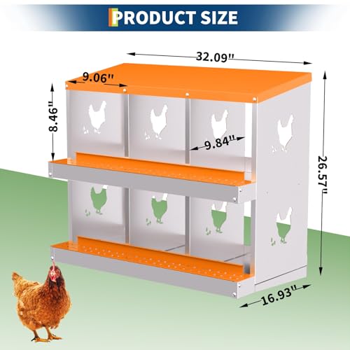 6 Compartment Chicken Nesting Box, Galvanized Steel Metal Laying Box with Removable Tray Roll-Out Egg Collection, Wall Mount Hen Roosting Box, Easy Egg Collection - color: Orange, size: 6 holes