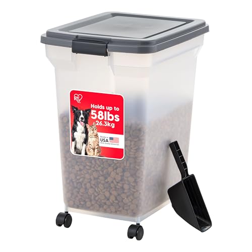 IRIS USA Dog Food Storage Container 58 lbs, Attachable Wheels, & Included Scoop, for Dog Cat Birds and other Pets, Food Storage Bin, Keep Fresh, Easy Mobility, BPA Free - Made in the USA, Dark Gray - color: Dark Gray, size: 58 lbs