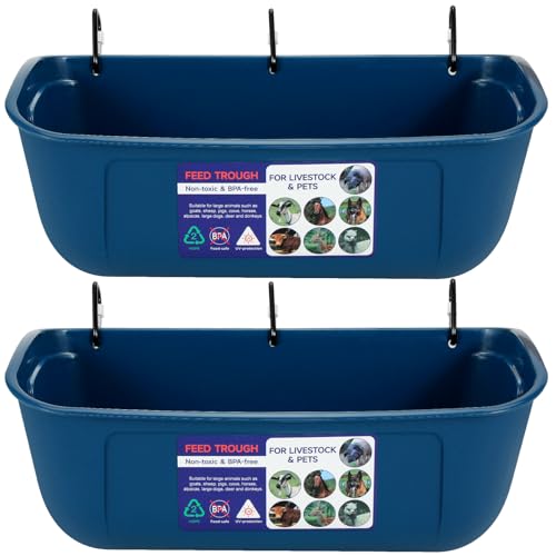 Goovilla Large Feed Trough, Hanging or Screw-in Fence Feeder with Clips, 2 Pack 9 Quart Goat Feeding Supplies, Dog Horse Hog Pig Livestock Poultry Plastic Feeder Trough Bucket for Large Animal, Blue - color: Dark Blue, size: 9 Quart