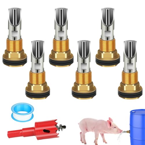 6PCS Pig Waterer Nipple, Automatic Pig Nipple Water Drinker for Barrel Kit, Stainless Steel Hog Water Drinker Feeder with Brass Waterer Tank Connectors Kit for Pig Goats Swine Piglets Drinking - color: Coppery-6 Pcs