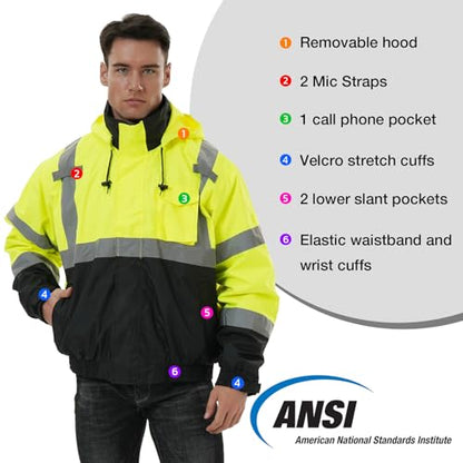 SKSAFETY 3-in-1 High Visibility Winter Bomber Jackets Zip Out Fleece Liner Reflective Safety Coats for men Waterproof ANSI/ISEA Class 3(Lime 5XL) - color: Lime, size: 5X-Large