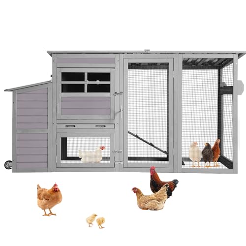 Aivituvin Mobile Chicken Coop with Wheels, Outdoor Poultry Cage with Weatherproof Roof, Lockable Nesting Box & Pull-Out Tray, Expandable Chicken Run for Chickens, Ducks & Small Animals - color: Grey, size: 79.4"L x 26.0"W x 39.4"H