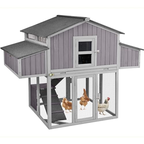 Chicken Coop Outdoor Super Easy to Assemble Large Hen House Wooden Poultry Cage with Nesting Box and Run (Grey) - color: Grey, size: 69.8"L x 42.0"W x 54.6"H