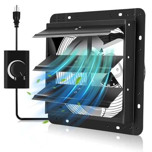 YOZON 12" Shutter Exhaust Fan with Speed Controller, Wall Mounted Wall Exhaust Fan, Automatic Shutter, High Speed, 1130CFM, Vent Fan for Garage, Greenhouse, Shed, Chicken Coop and Workshop - Black - size: 12 INCH Black
