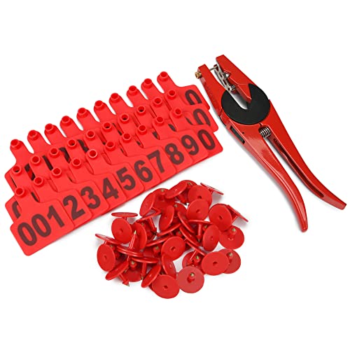 1000PCS Number Ear Tags Livestock TPU Indentification Card for Cow Cattle and 1PCS Animal Ear tag applicator （Red） - color: Red, size: 1000