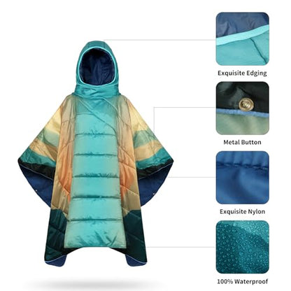 Camping Blanket,Hoodie Blankets Poncho Outdoor Waterproof Windproof Warm Durable & Portable for Stadium, Concerts, Car,Travel, Beach, Picnic, Grass,75 * 53 inch - color: Cyan Sky