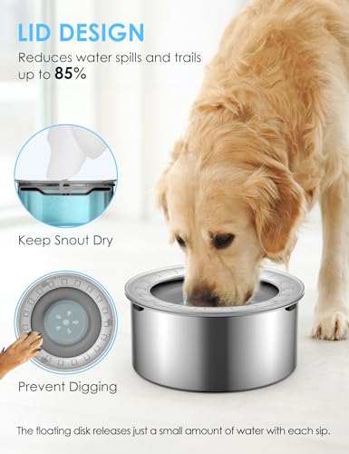 Heouvo 1.8 Gallon Large Dog Water Bowl No Spill,【Anti Digging Lid & Rubber Bottom】 Spill Proof Dog Bowl, Anti Splash Mess Dripless Slow Drinking Stainless Steel Water for Sloppy Messy Drinkers Car - color: Gray, size: 7L