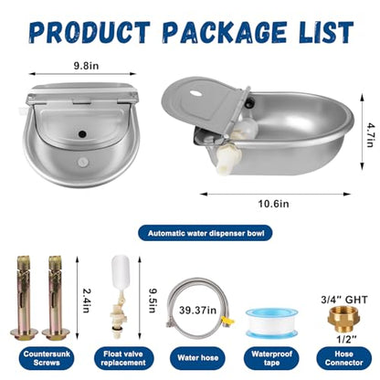 Automatic Dog Waterer Outdoor, 304 Steel Auto Fill Bowl for Livestock | No Electricity Needed, Bottom Drain Plug, Includes Spare Float Valve, Rust-Resistant & Easy Clean