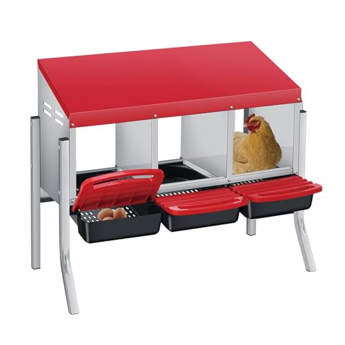 3/4-Hole Metal Chicken Nesting Box with Removable Roll-Out Tray - Easy Egg Collection & Clean Galvanized Steel Laying Box for Hens - for Backyard Coop & Poultry Farm Use - color: Red, size: red 3 holes with legs