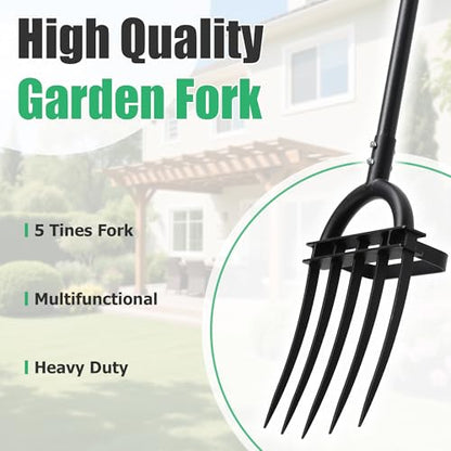LLARGUEST Pitch Fork, 69" Heavy Duty Metal Garden Fork for Loosening Soil Broadfork with Ergonomic D-Grip Handle, 5-Tine Digging Fork Hay Fork for Compost,Mulching,Manure.