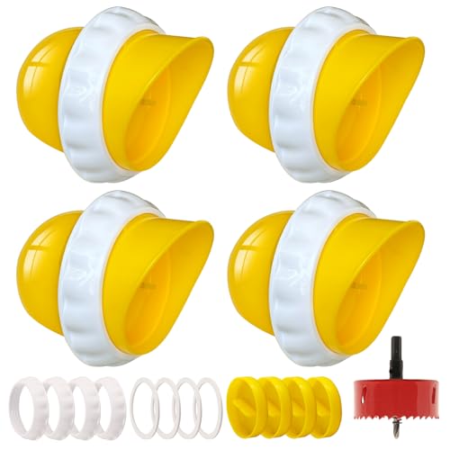 DIY Chicken Feeders 4 Ports Yellow No Waste | Automatic Rain Proof, Poultry Feeder Kit, Includes 1 Hole Saw, for Buckets Barrels Bins Troughs - color: Yellow