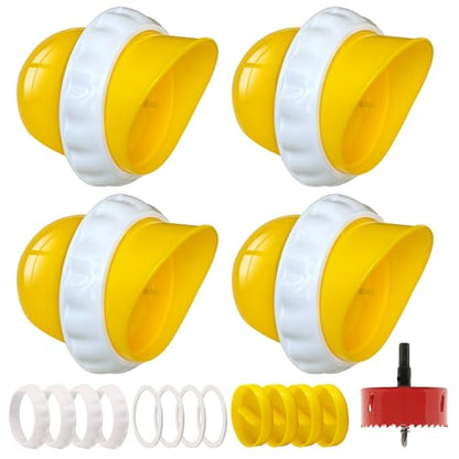 DIY Chicken Feeders 4 Ports Yellow No Waste | Automatic Rain Proof, Poultry Feeder Kit, Includes 1 Hole Saw, for Buckets Barrels Bins Troughs - color: Yellow