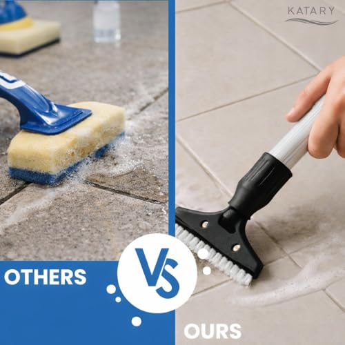 KATARY Razor Blade Floor Scraper, Wall Tile Scraper Tool with Razor Blade with Tool Bag and 3-Piece Cleaning Brush Set - Grout, Concrete and Glue Remover Kit