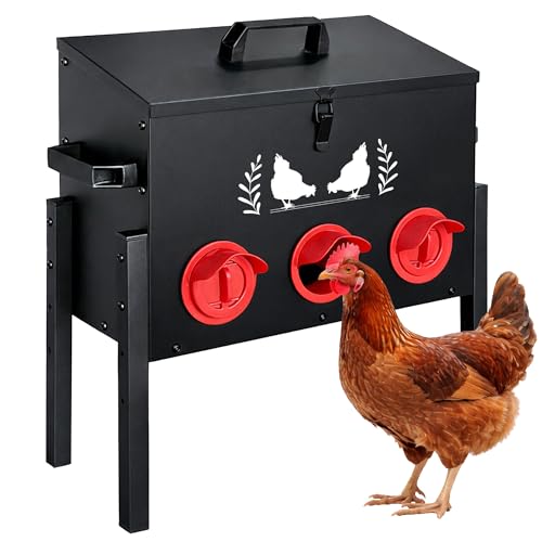 30 LB Large Automatic Chicken Feeder, No Waste Metal Poultry Feeder with 8 Ports, Weatherproof Outdoor Dispenser with Adjustable Legs & Locking Lid for Backyard Chickens, Black