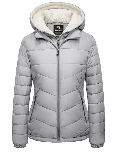 wantdo Women's Quilted Winter Coats Hooded Warm Puffer Jacket with Fleece Hood - color: Gray, size: Large