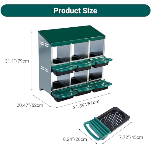 Roll Away 10 Compartments Metal Chicken Nesting Box –Lid, Pull-Out Roosts, Durable & Protective Egg Laying Box for Coops – Green Without Bracket Legs, Egg Laying Box - color: Green, size: 10 holes