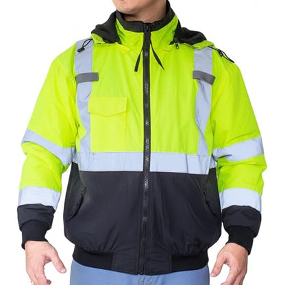 North 15 Men's High Visibility Reflectrd Hooded Safety Bomber Jacket, Fleece Lined - color: Yellow - Black, size: 3X-Large