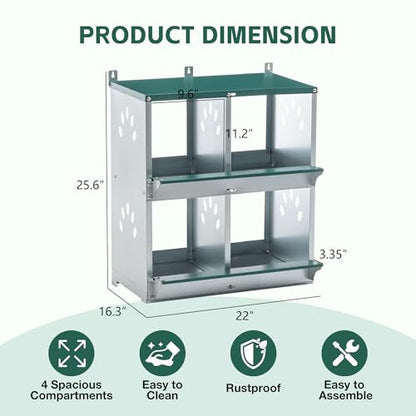 4 Compartments Metal Chicken Nesting Box,Wall Mounted Egg Box,Green,Rustproof and Easy to Clean