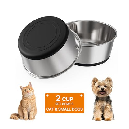 Food Grade 304 Stainless Steel Dog Bowls with Non-Slip Rubber Bottom,Food and Water Bowl for Feeding Dogs and Cats, Dishwasher Safe, Rust Resistant, BPA Free(Set of 2) (Black, 2 Cup) - color: Black, size: 2 Cup