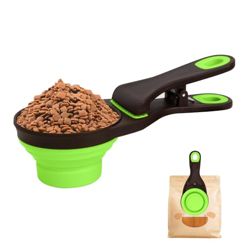 Collapsible Silicone Dog Food Scoop Foldable Pet Food Measuring Cup with Bag Clip 3 in 1 Multi-Function Silicone Dog Food Scooper (Green, Small) - color: Green, size: Small