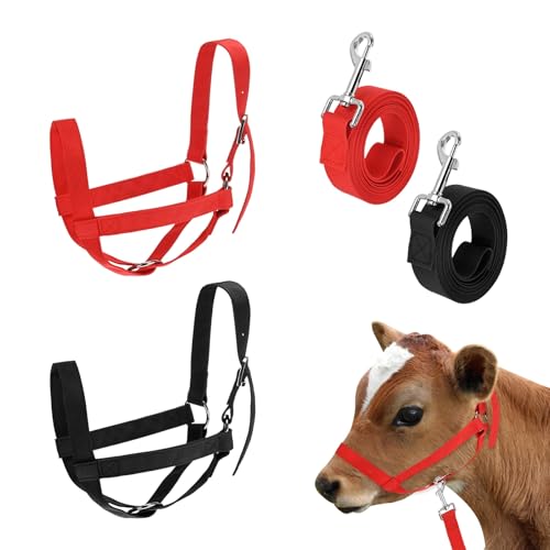 M METERXITY 2-Pack Adjustable Cattle Cow Calf Halter, 12.6"-18.9" Nylon Livestock Cow Halter with Leading Rope for Miniature Horse/Donkey/Goat/Cattle [Red, Black] - color: Red, Black, size: 12.6"-18.9"