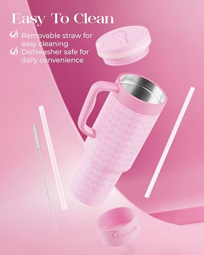 40 oz Insulated Tumbler with Handle and Push-Button Straw Lid, Stainless Steel Travel Cup for Gym Office, Leakproof, BPA-Free, Cup Holder Friendly, Bow Silicone Boot, Pink (Coquette Candy) - color: Coquette Candy