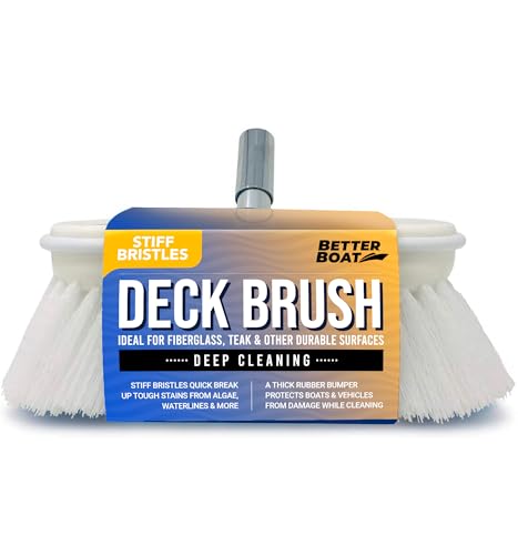 Stiff Boat Deck Brush, Heavy-Duty Marine Brush Head, 8" Firm Bristle with Bumper, 3/4" Thread Handle, for RV, Truck, and Auto Cleaning