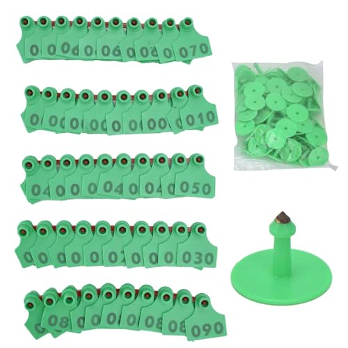 Cattle Ear Tags Numbered 001-100, Anti Dropping Large TPU Livestock Ear Tags for Cattle Sheep Calf Fox Farm, Animal Identification Earring Tagger (Green, 001-100)