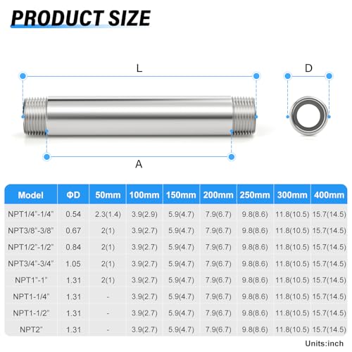 TAILONZ PNEUMATIC 1/2" NPT Male x 1/2" NPT Male 304 Stainless Steel Pipe Nipple, 8" Length Cast Pipe Fitting, Threaded Connector（Pack of 3） - color: 8"(200MM), size: 1/2"MNPT