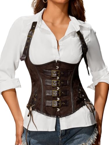 ChiaoLezhee Halter Buckle Underbust Corset with Straps, Lace-Up Waist Cincher Belt Boned, Rave Concert Club Tops For Women - color: Brown Suede, size: 12-14