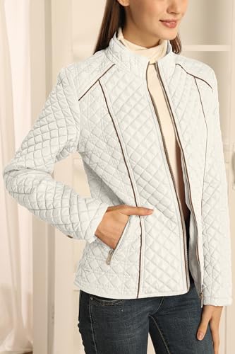 Bellivera Women's Stand Collar Lightweight Quilted Puffer Jacket | Casual Padded Zip Long Sleeve Coat for Spring and Winter with Pockets - color: White, size: XX-Large
