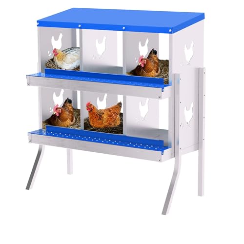 6-Panel Galvanized Steel Nesting Box for Chicken Coop - Removable Drop Tray & Ventilation - Easy Clean Laying Box for Hens, Ducks - Rustproof Design Protects Eggs - color: Blue, size: 6 compartments, with bracket