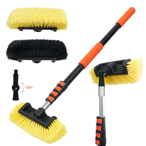 16FT Car Wash Brush with Long Handle, Car Cleaning Brush with 12" Soft Bristle and 12" Hard Bristle, 4-16Ft Telescopic Pole for Scratch-Free Cleaning Truck,RV, Boats,House Siding,Floors,Solar Panels - color: 16ft-orange