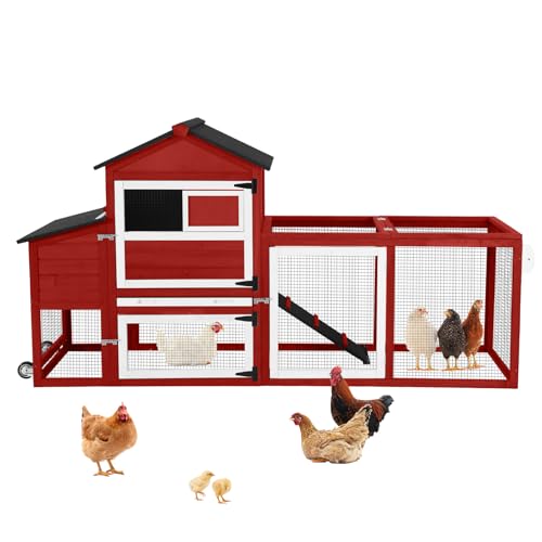 Large Mobile Chicken Coop Wooden with Wheels, Expandable Outdoor Chicken House with Nesting Box & Pull-Out Tray, Easy-Clean Poultry Coop for 2–3 Chickens & Ducks - color: Red