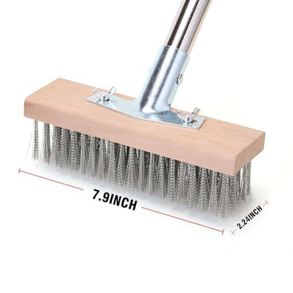 MAXMAN Stainless Steel Wire Scrub Brush with Long Handle, 63" Heavy Duty Large Wire Brush, Stiff Metal Bristle Floor Scrubber, Outdoor Patio Cleaning, Wire Broom for Deck, Concrete, Moss Removal - size: With 1PC 8-inch brush head