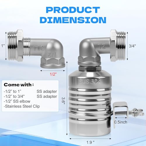 304 Stainless Steel Float Valve with 1/2", 3/4" & 1" Adapters – Fully Automatic Water Level Controller for Water Tanks, Aquariums, Livestock Troughs, Pools, Distillers and Ponds