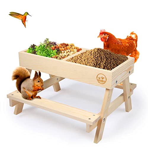 Chicken Picnic Table No Waste, Large Chicken Feeder Handmade Wooden, DIY Chicken Table Feeder Kit, Wild Bird, Duck & Squirrel Feeders No Mess, Mesh Bottom Keep Food Fresh and Dry Easy to Clean Fill - color: Natural Solid Wood