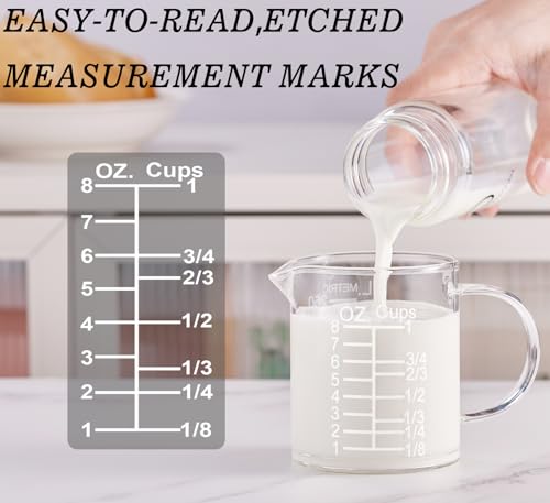 Ackers Etched Graduated Glass Measuring Cup - [Insulated Handle | V-Shaped Spout] - High Borosilicate Glass Measuring Cup for Kitchen or Dining, Easy to Read, 250ml (8oz, 1 Cup) - size: 250 ML (8 Oz, 1 Cup) - Etched Graduated