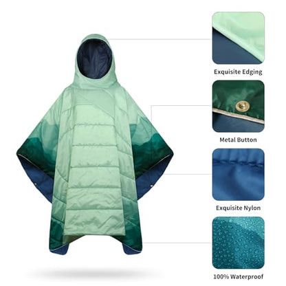 Camping Blanket,Hoodie Blankets Poncho Outdoor Waterproof Windproof Warm Durable & Portable for Stadium, Concerts, Car,Travel, Beach, Picnic, Grass,75 * 55 inch - color: Green Mount