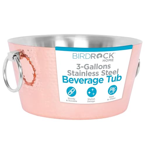 BIRDROCK HOME Hammered Stainless Steel Copper Beverage Tub with Handles - Double Wall Insulated 3 Gallons - Metal Drink Cooler & Ice Bucket for Parties - Outdoor Aluminum Holder for Bottles & Soda - color: Copper