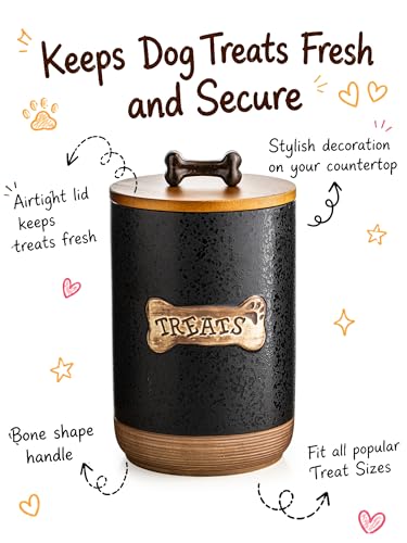 Miamolo Dog Treat Container Jar, Ceramic Airtight Dog Food Storage Container with Lid and Handle, Dog Treats Cookie Snack Jar Canister for Kitchen Counter, Gift for Dog Owners, Bone Glinting Black - color: Bone Glinting Black