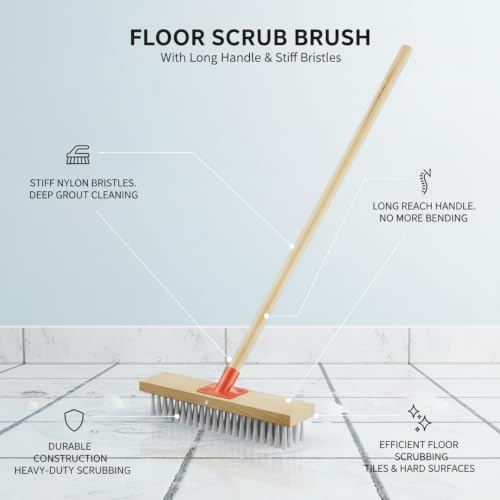 Floor Scrub Brush with Long Handle and Stiff Nylon Bristles for Tile Grout and Bathroom Cleaning (1 PC) - size: 10.63 x 2.36 x 1.57 in