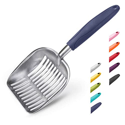 WePet Cat Litter Scoop, Aluminum Alloy Sifter, Kitty Metal Scooper, Deep Shovel, Long Handle, Poop Sifting, Kitten Pooper Lifter, Durable, Heavy Duty, for Litter Box - color: FLAT Aluminum \ #01 Blue Handle, size: Large