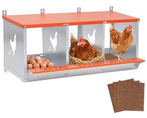 Yafylly Chicken Nesting Box, 3 Compartment Metal Nesting Boxes for Chickens, Wall Mountable Chicken Laying Boxes, Easy Egg Collection, with Nesting Pads, Indoor & Outdoor Use, 31.8" L x 17" W x 15" H - color: Orange, size: 3 Compartment