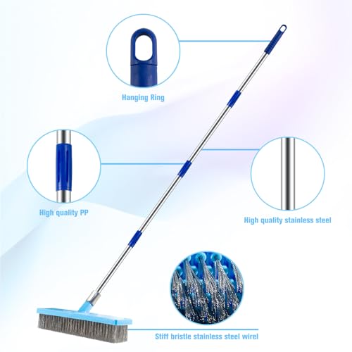 60'' Stainless Steel Deck Scrub Brush with Long Handle - Heavy Duty Floor Scrubber for Concrete, Grout, Garage, Patio, Boat & Garden - Stiff Bristle Broom for Moss, Tough Stains & Dirt Removal