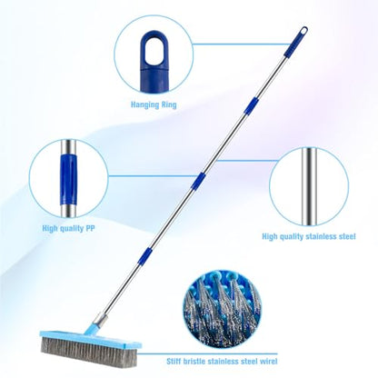 60'' Stainless Steel Deck Scrub Brush with Long Handle - Heavy Duty Floor Scrubber for Concrete, Grout, Garage, Patio, Boat & Garden - Stiff Bristle Broom for Moss, Tough Stains & Dirt Removal