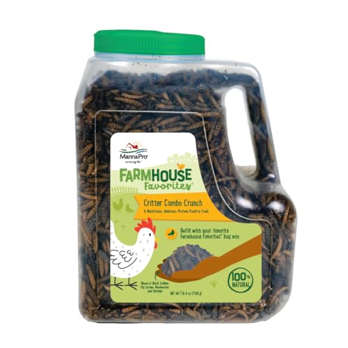 Manna Pro Farmhouse Favorites Critter Combo Crunch Bug Jug – Engaging Poultry Treat – Blend of Black Solider Fly Larvae, Mealworms & Shrimp – Great Source of Protein – Encourages Foraging – 25oz - size: 1.56 Pound (Pack of 1)